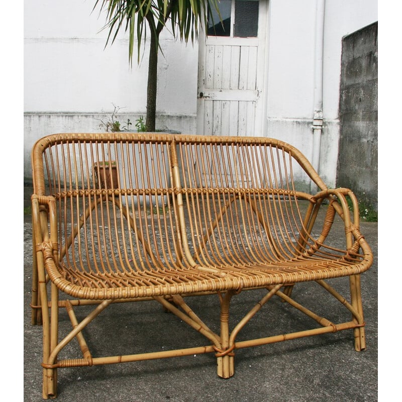 Vintage rattan and wicker bench - 1970s