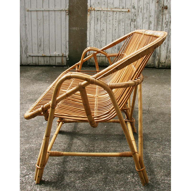 Vintage rattan and wicker bench - 1970s