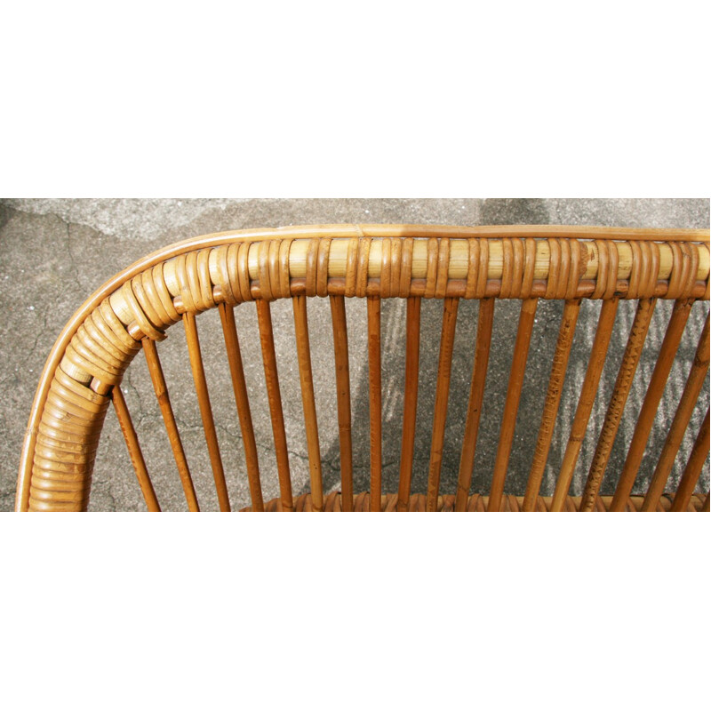 Vintage rattan and wicker bench - 1970s