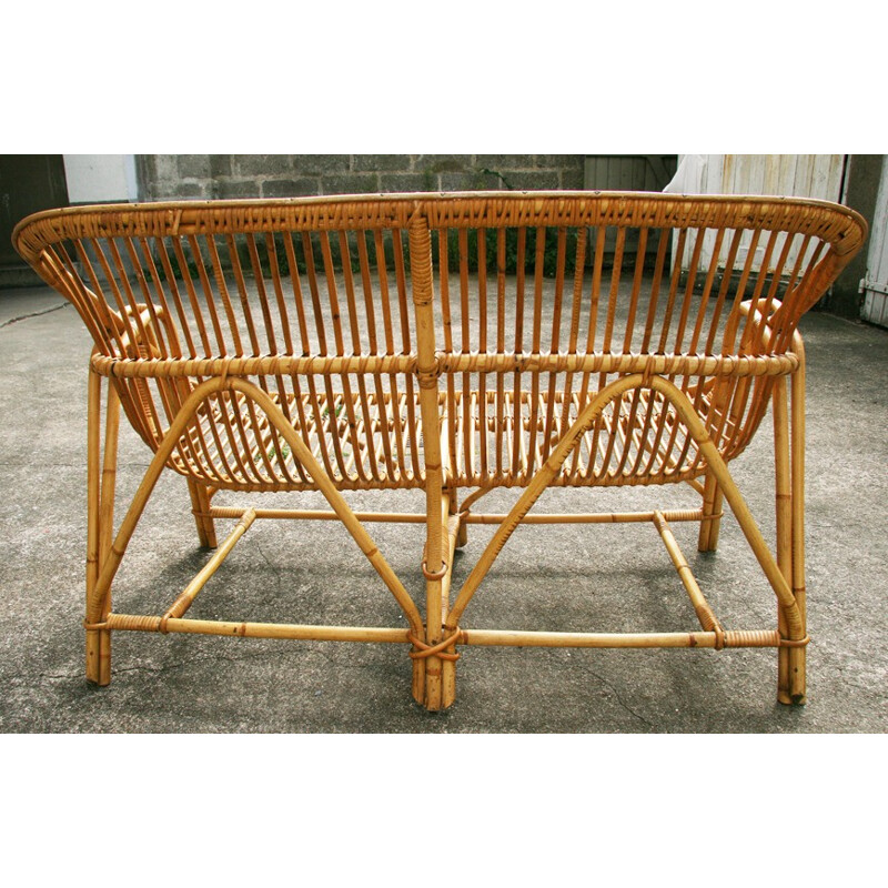 Vintage rattan and wicker bench - 1970s