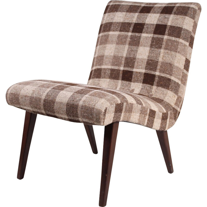 Low chair in a wool plaid fabric and beech by Jens Risom for Knoll Vostra -1950s