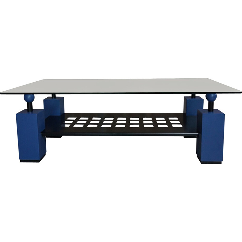 Blue coffee table in metal, glass and wood - 1980s