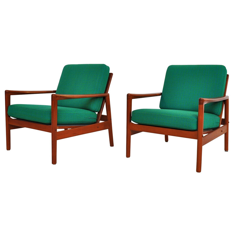 Pair of bleu green "563" armchairs in teak, Hans OLSEN - 1960s