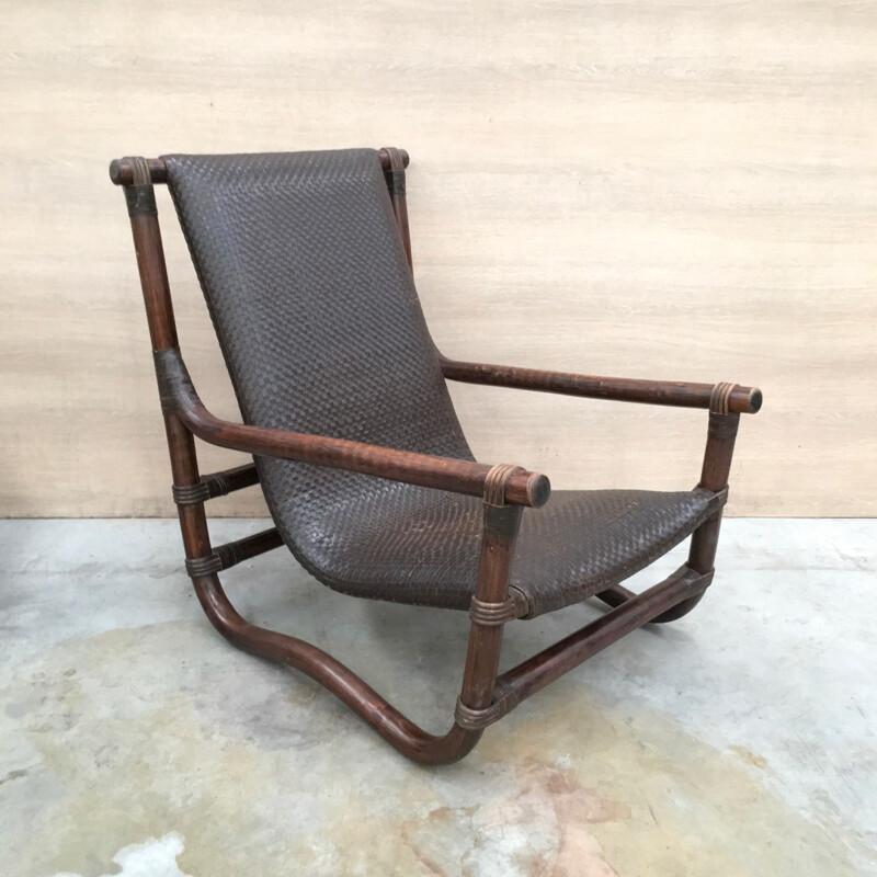 Fauteuil lounge vintage en bambou et en cuir - 1970
