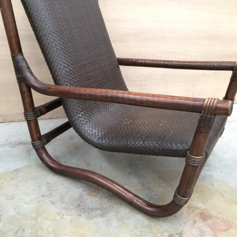 Vintage bamboo & leather lounge chair - 1970s