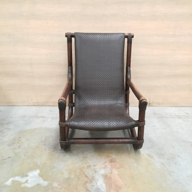 Vintage bamboo & leather lounge chair - 1970s