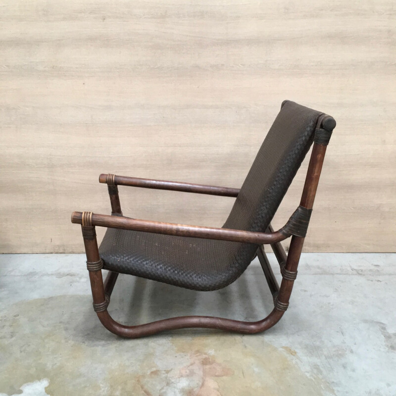 Fauteuil lounge vintage en bambou et en cuir - 1970