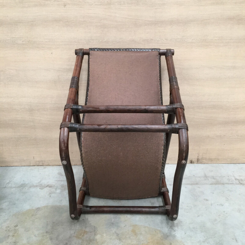 Vintage bamboo & leather lounge chair - 1970s