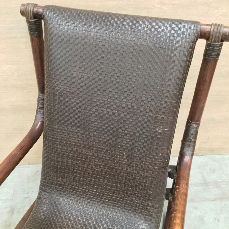 Vintage bamboo & leather lounge chair - 1970s