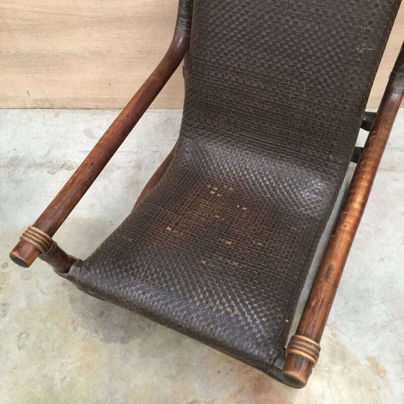 Vintage bamboo & leather lounge chair - 1970s