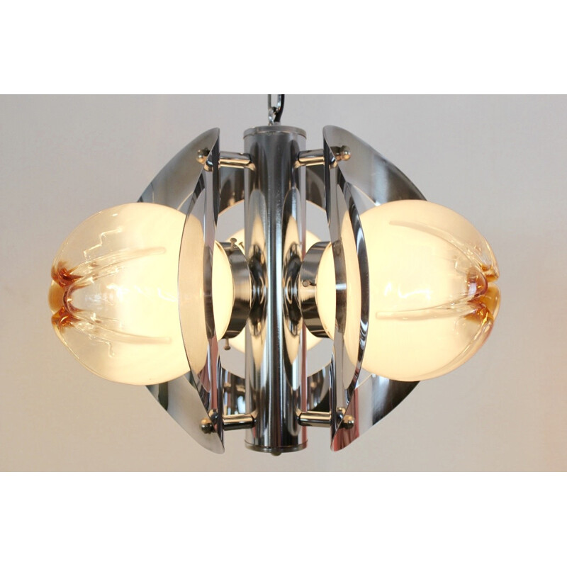 Vintage geometric pendant lamp in chromed metal and glass by A.V. Mazzega, 1970