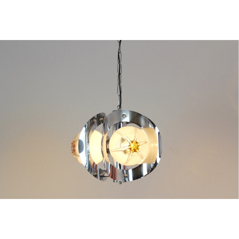 Vintage geometric pendant lamp in chromed metal and glass by A.V. Mazzega, 1970