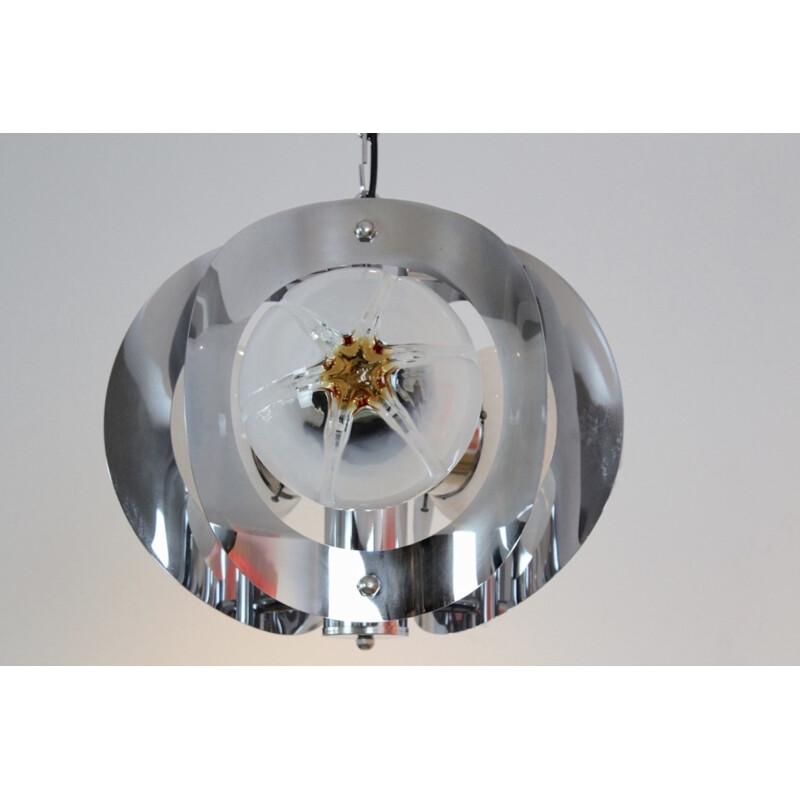 Vintage geometric pendant lamp in chromed metal and glass by A.V. Mazzega, 1970