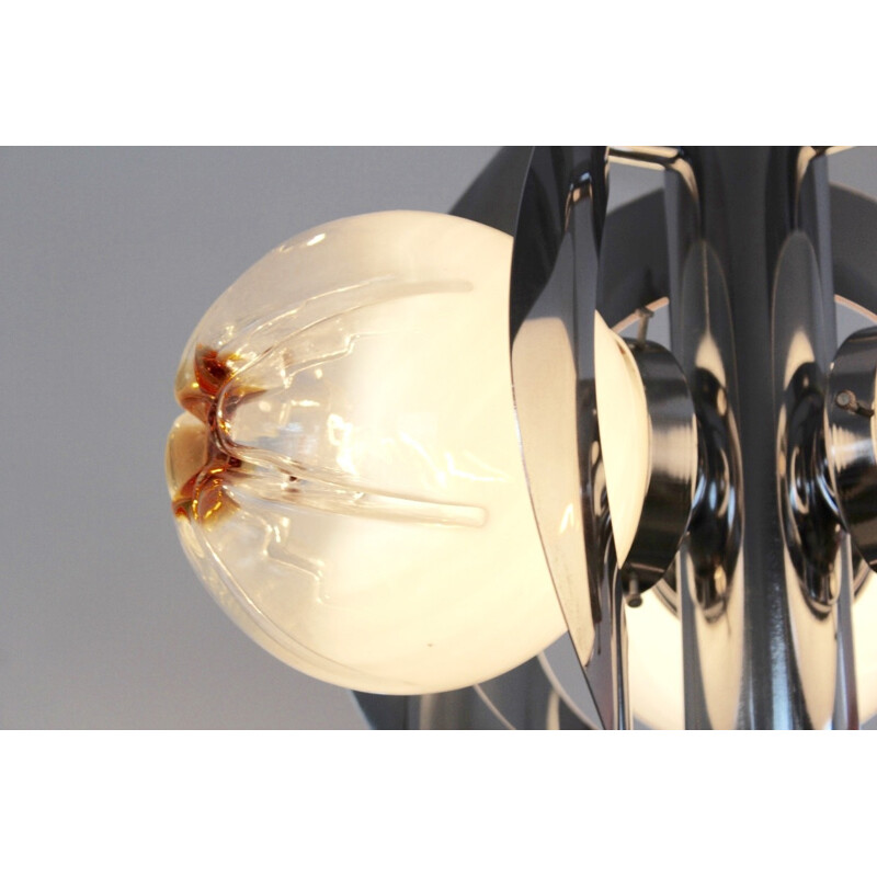 Vintage geometric pendant lamp in chromed metal and glass by A.V. Mazzega, 1970
