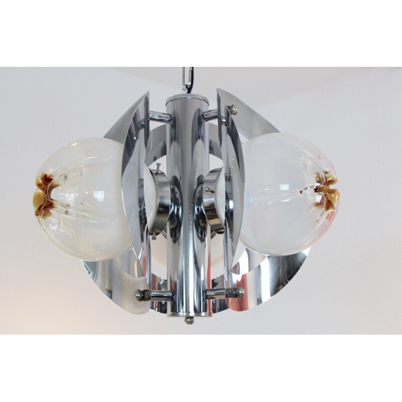 Vintage geometric pendant lamp in chromed metal and glass by A.V. Mazzega, 1970