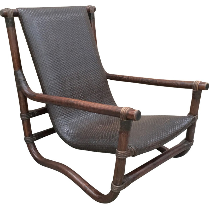 Vintage bamboo & leather lounge chair - 1970s