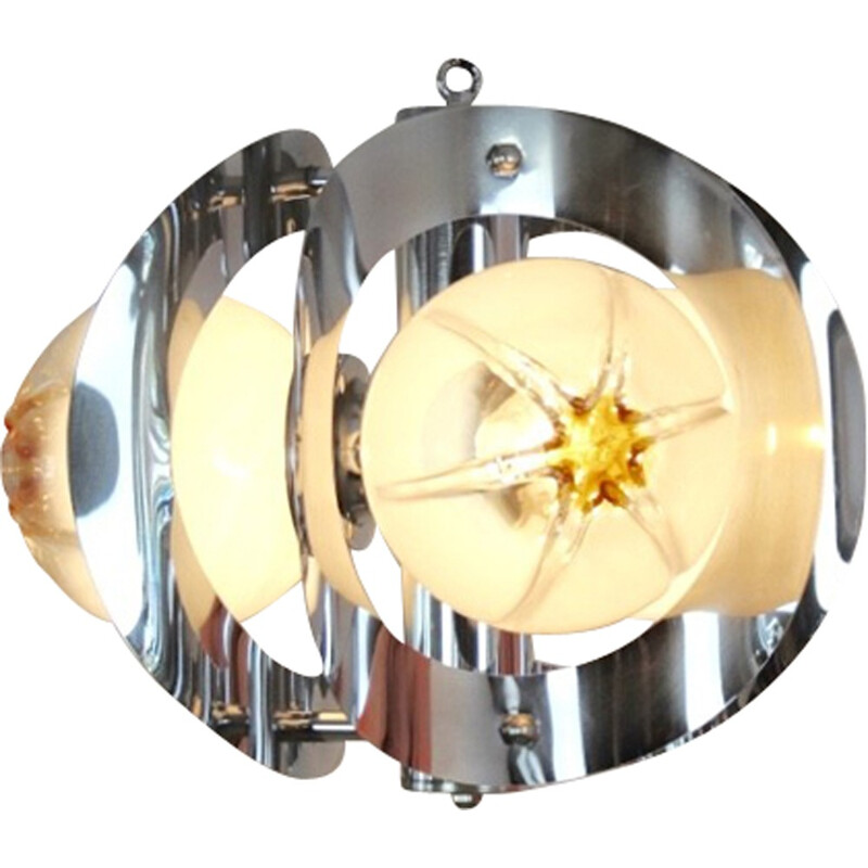 Vintage geometric pendant lamp in chromed metal and glass by A.V. Mazzega, 1970