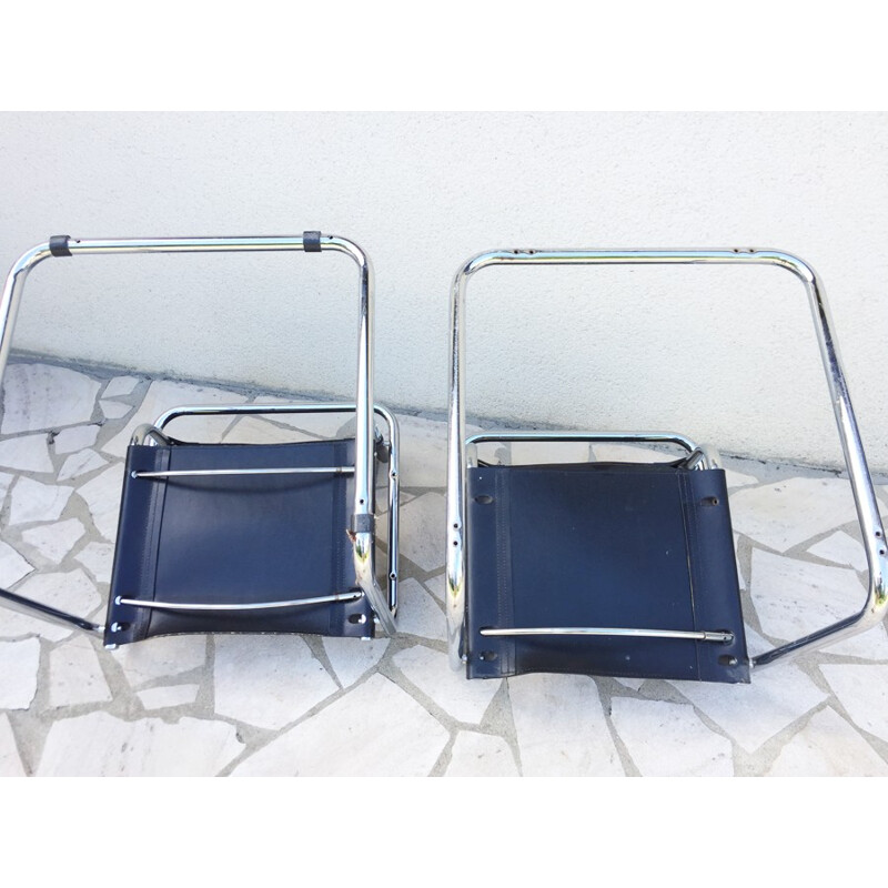 Pair of vintage armchairs in black leather and chrome - 1970s