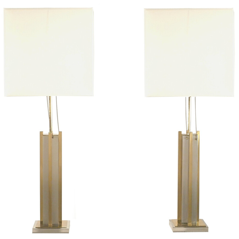 Pair of chromed metal and bronze table lampes, Gaetano SCIOLARI - 1970s