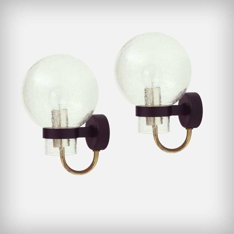 Pair of German brass and glass wall lamps by Glashütte Limburg - 1960s