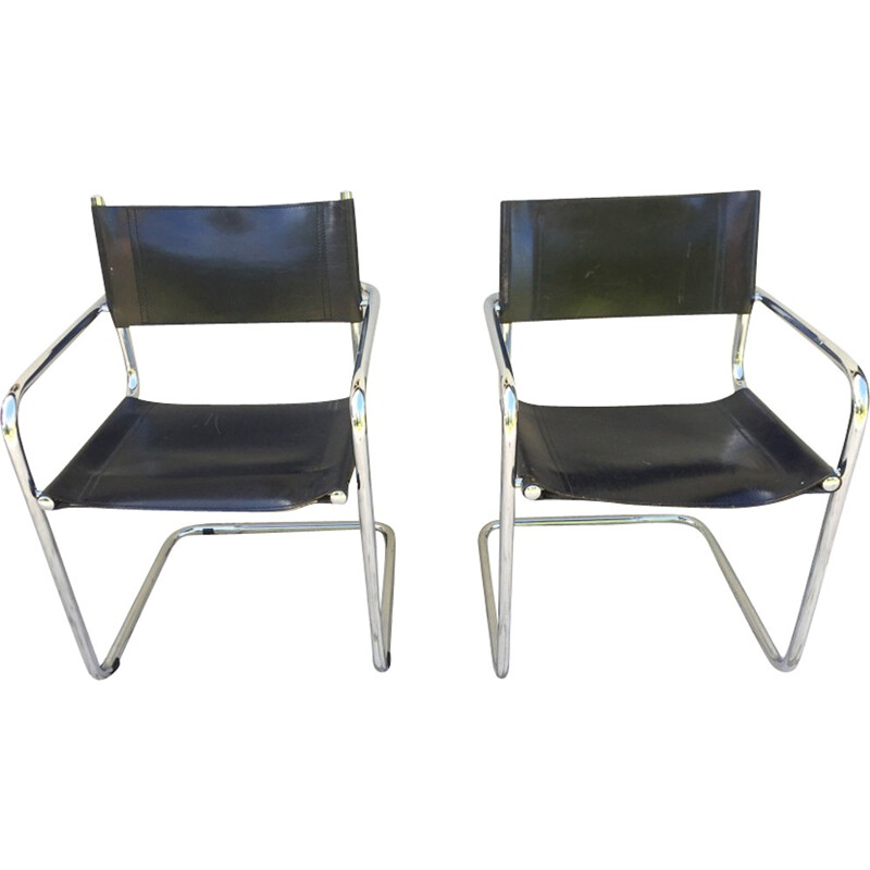 Pair of vintage armchairs in black leather and chrome - 1970s