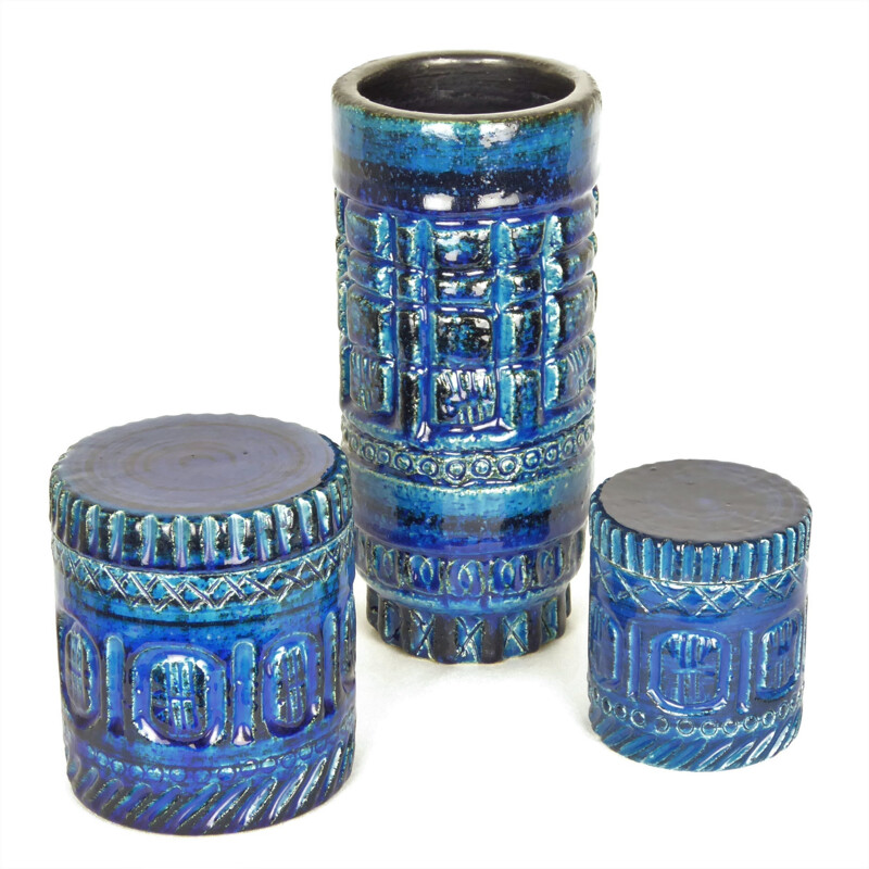 Pol Chambost's tube vase and 2 boxes, in blue ceramic, 1950