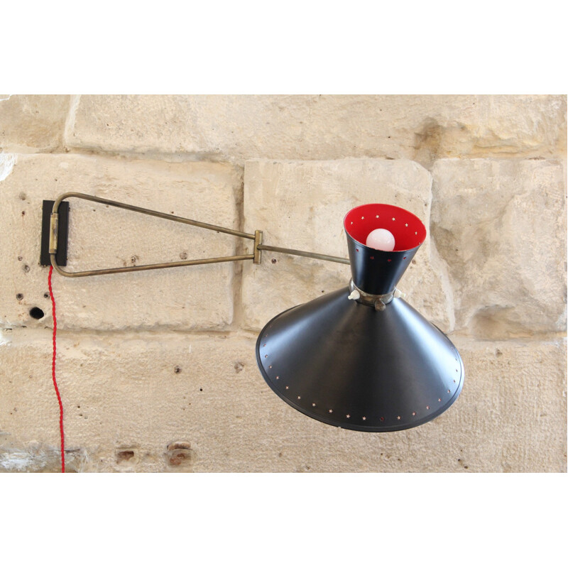 Vintage diabolo wall lamp in black and red lacquered metal by Lunel, 1950