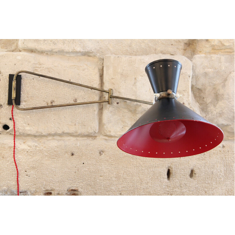 Vintage diabolo wall lamp in black and red lacquered metal by Lunel, 1950