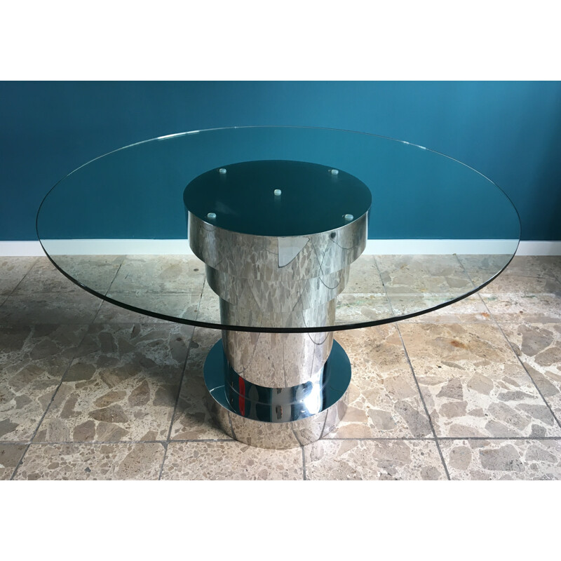 Vintage Italian Dining Table with Circular Glass Top and Metal Clad Base - 1980s