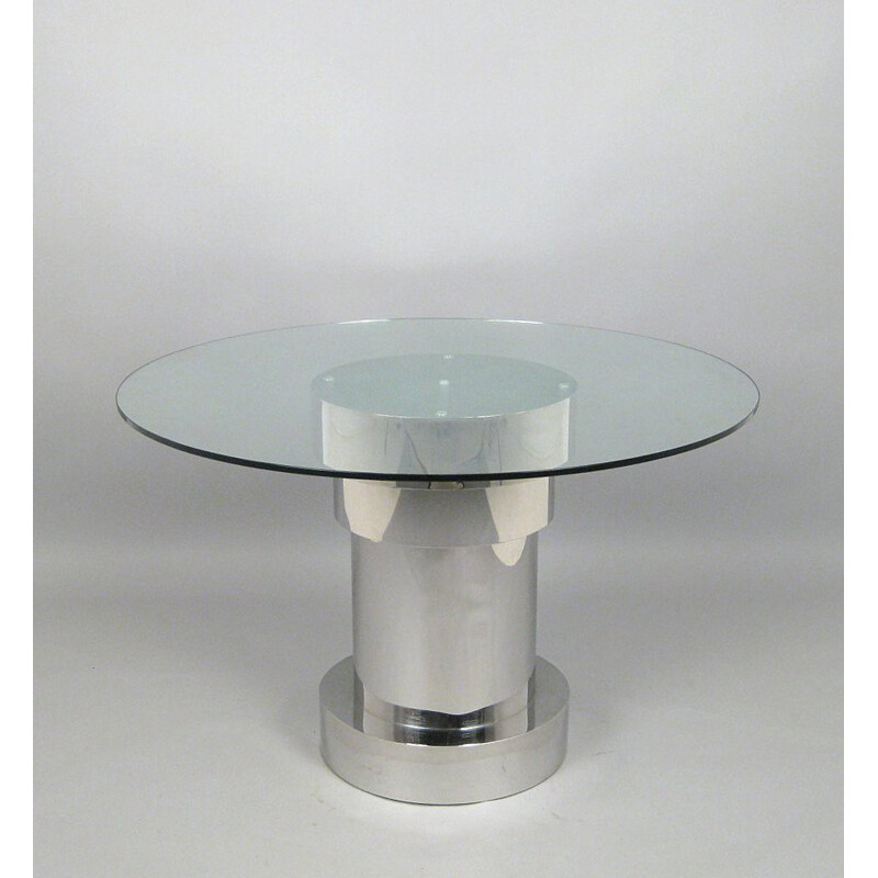 Table à repas italien vintage avec dessus en verre circulaire et socle en métal plaqué - 1980