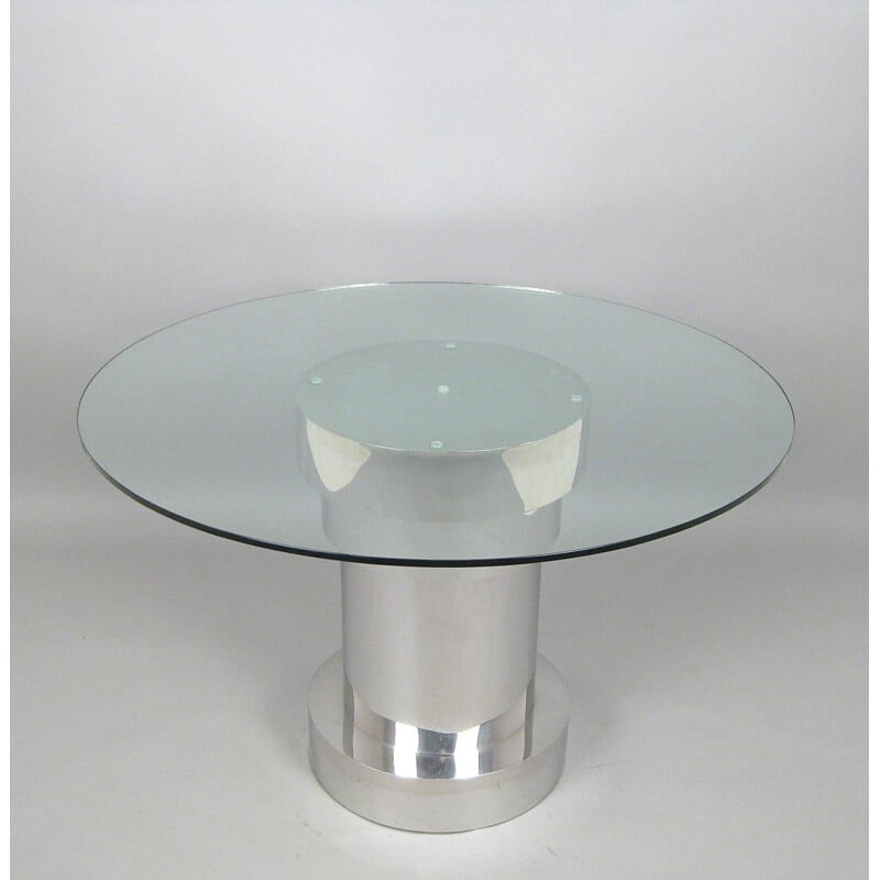 Table à repas italien vintage avec dessus en verre circulaire et socle en métal plaqué - 1980