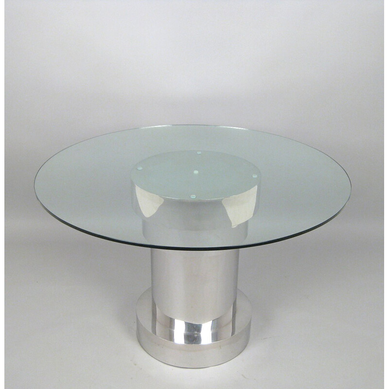 Vintage Italian Dining Table with Circular Glass Top and Metal Clad Base - 1980s