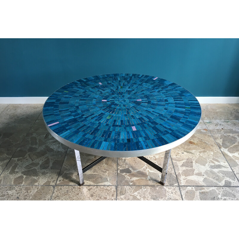 Table basse vintage en mosaïque bleue - 1960