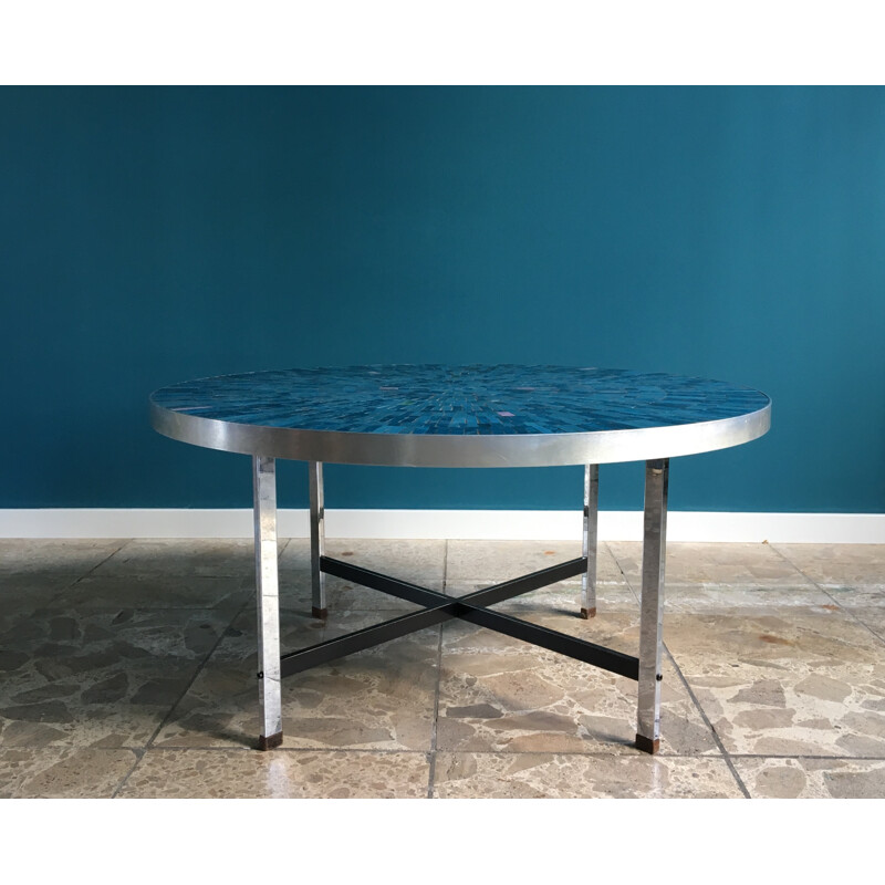 Table basse vintage en mosaïque bleue - 1960