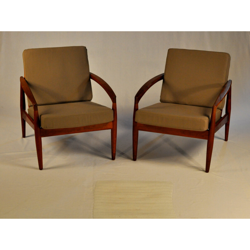 Pair of Armchairs in Teak and Green Fabric by Kai Kristiansen - 1950s