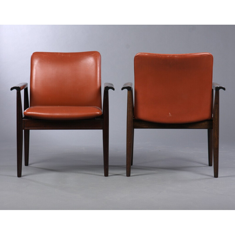 Vintage mahogany and brown leather diplomat armchair by Finn Juhl for Cado, 1960