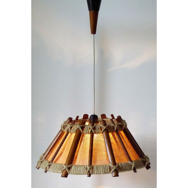 Scandinavian wooden and rope hanging lamp - 1960