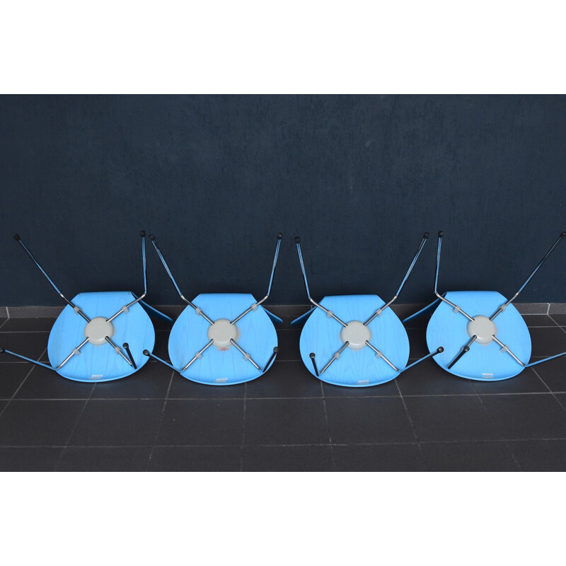 Set of 4 "3107" blue chairs by Arne Jacobsen for Fritz Hansen - 1950s