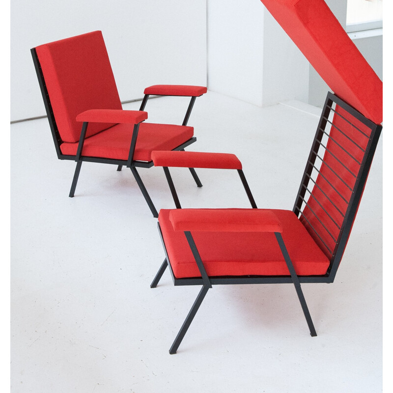 Pair of red fabric and iron armchairs - 1950s