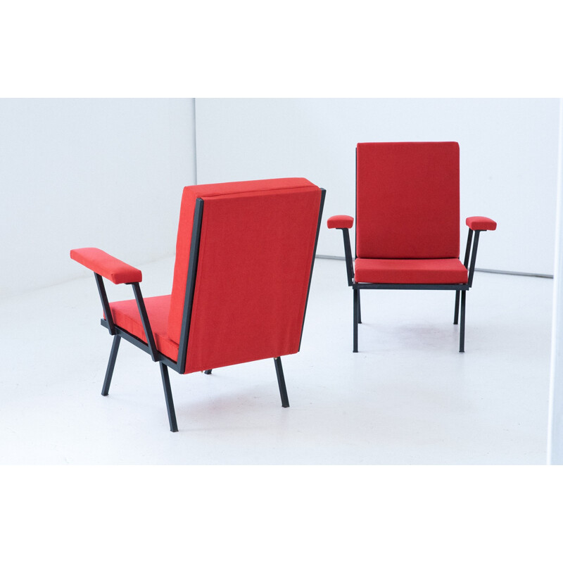 Pair of red fabric and iron armchairs - 1950s