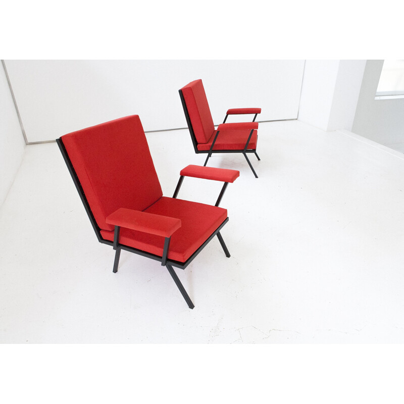 Pair of red fabric and iron armchairs - 1950s