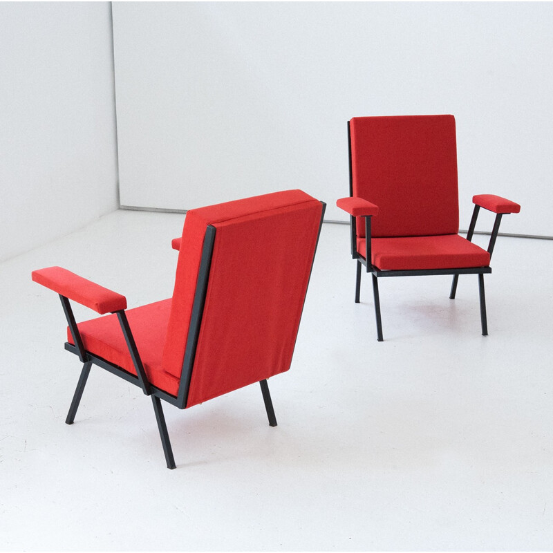 Pair of red fabric and iron armchairs - 1950s