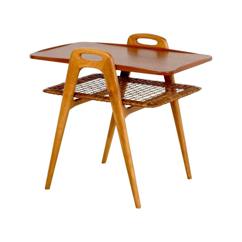 Scandinavian Teak and Rattan Side Table - 1960s