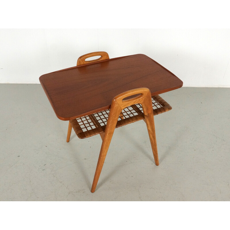 Scandinavian Teak and Rattan Side Table - 1960s