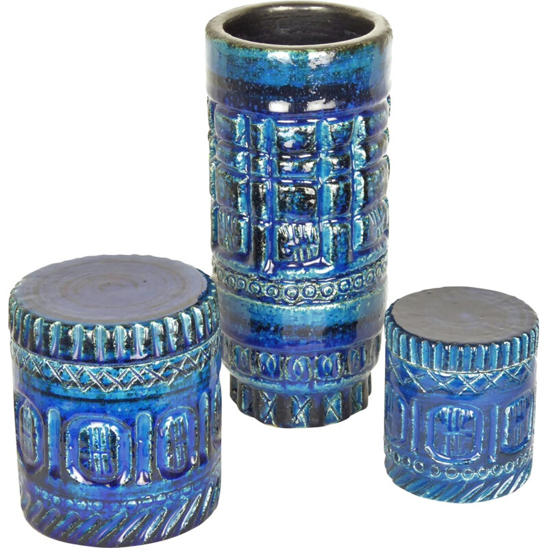 Pol Chambost's tube vase and 2 boxes, in blue ceramic, 1950