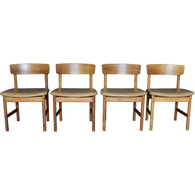 Set 4 leather and oak "3236" chairs by Børge Mogensen for Fredericia - 1950s