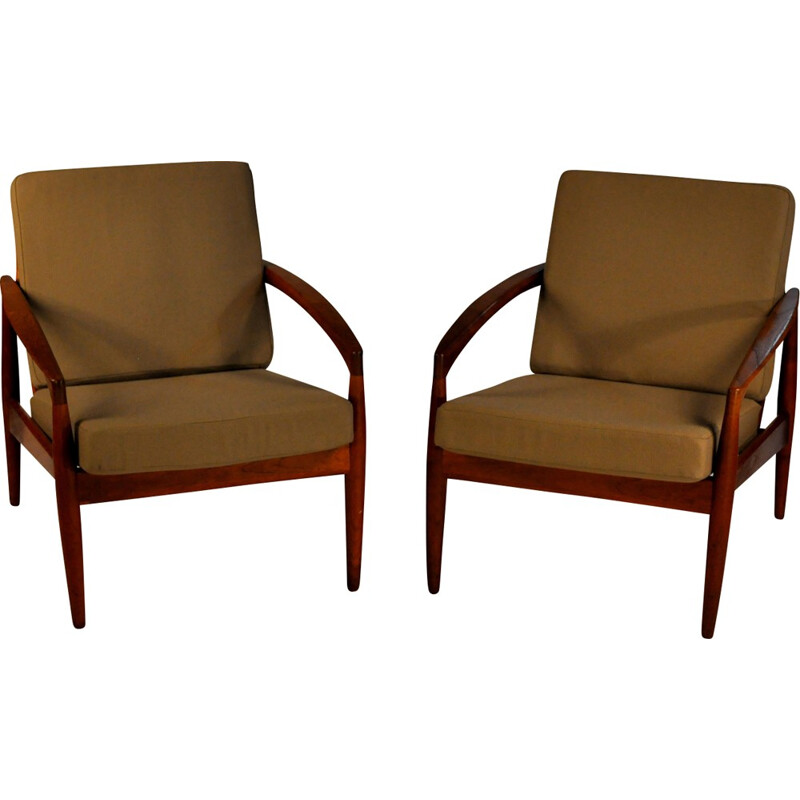 Pair of Armchairs in Teak and Green Fabric by Kai Kristiansen - 1950s