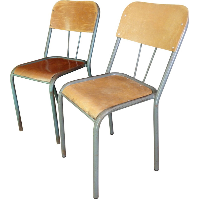 Ensemble de 4 chaises d'écoliers en bois - 1950 