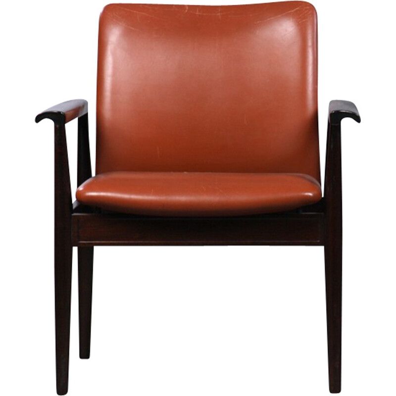 Vintage mahogany and brown leather diplomat armchair by Finn Juhl for Cado, 1960