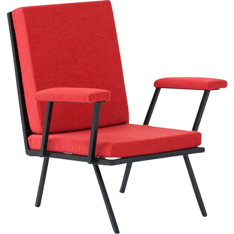 Pair of red fabric and iron armchairs - 1950s